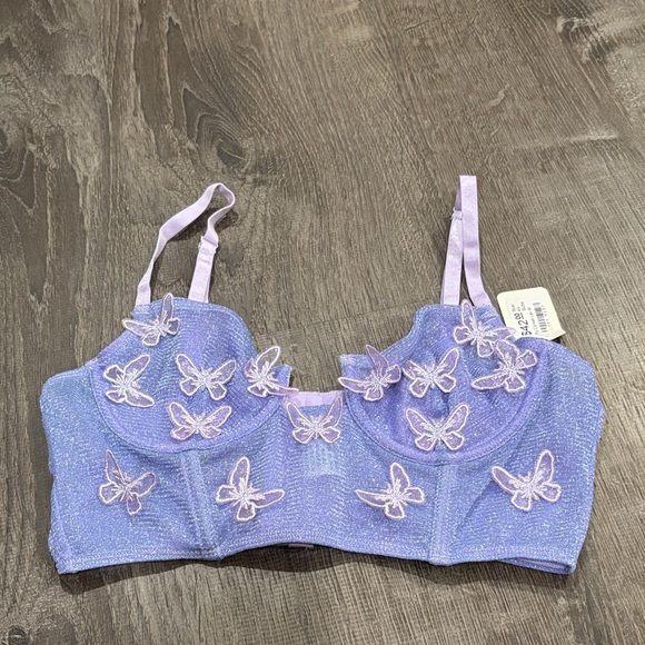 Tic Toc Tops - Sparkly Purple Bra Top w/ Pink Butterflies Rave EDM